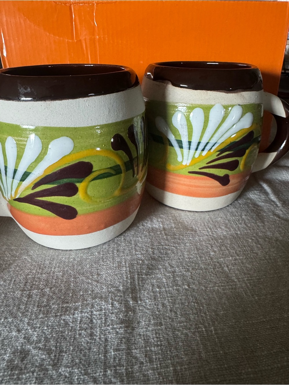 2 Hand-Painted Ceramic Ceramic Mugs Brown with green & Orange Floral Design